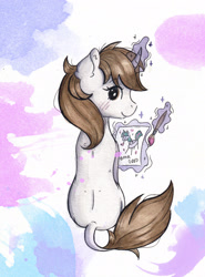 Size: 1990x2690 | Tagged: safe, artist:lightisanasshole, oc, oc:dorm pony, species:pony, species:unicorn, abstract background, book, brown eyes, brush, curved horn, hearth's warming con, horn, levitation, looking at you, looking back, magic, painting, solo, telekinesis