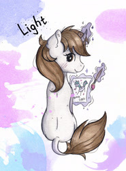 Size: 1990x2690 | Tagged: safe, artist:lightisanasshole, edit, oc, oc:dorm pony, species:pony, species:unicorn, abstract background, book, brown eyes, brush, curved horn, hearth's warming con, horn, levitation, looking at you, looking back, magic, painting, solo, telekinesis, text, text edit