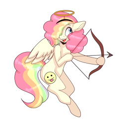 Size: 4300x4300 | Tagged: safe, artist:tuzz-arts, oc, oc only, oc:cheery candy, species:pegasus, species:pony, angel, arrow, bow (weapon), bow and arrow, cupid, cute, female, flying, freckles, hair over one eye, halo, headband, mare, multicolored hair, open mouth, rainbow hair, raised hoof, raised leg, simple background, solo, transparent background, weapon, ych result