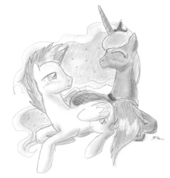Size: 900x940 | Tagged: safe, artist:catscratchpaper, character:princess luna, oc, oc:harmony star, species:pony, duo, grayscale, male, monochrome, prone, simple background, stallion, traditional art, white background