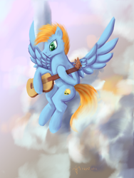Size: 600x800 | Tagged: safe, artist:dalagar, oc, oc only, oc:harmony star, species:pegasus, species:pony, cloud, dexterous hooves, guitar, male, musical instrument, on a cloud, sitting, sitting on a cloud, solo, stallion