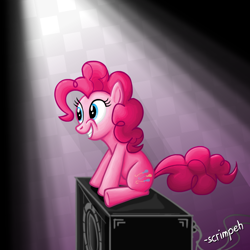 Size: 1000x1000 | Tagged: safe, artist:scrimpeh, character:pinkie pie, species:earth pony, species:pony, female, grin, mare, sitting, smiling, solo, speaker, subwoofer