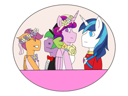 Size: 2048x1536 | Tagged: safe, artist:mintymelody, character:princess cadance, character:scootaloo, character:shining armor, character:spike, species:anthro, species:pegasus, species:pony, ship:scootaspike, episode:a canterlot wedding, g4, my little pony: friendship is magic, bride, clothing, digital art, dress, female, flower filly, flower girl, flower girl dress, hat, male, marriage, shipping, straight, suit, top hat, tuxedo, wedding, wedding dress