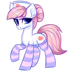 Size: 1300x1300 | Tagged: safe, artist:hydrargyrum, character:nurse redheart, species:earth pony, species:pony, clothing, cute, female, heartabetes, mare, simple background, socks, solo, striped socks, thigh highs, white background