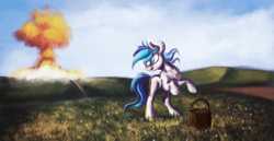 Size: 700x360 | Tagged: safe, artist:hagalazka, oc, oc only, oc:hooklined, species:earth pony, species:pony, basket, blue sky, flower, flower picking, nuclear explosion, scenery, solo, surprised, this will not end well