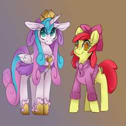 Size: 1000x1000 | Tagged: safe, artist:starlightspark, character:apple bloom, character:princess flurry heart, species:alicorn, species:earth pony, species:pony, clothing, colored pupils, crisis equestria, crown, dress, female, gradient background, jewelry, mare, older, older flurry heart, regalia, smiling, sweater