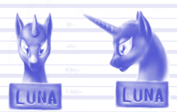 Size: 800x508 | Tagged: safe, artist:grayma1k, character:princess luna, species:alicorn, species:pony, bald, bust, female, monochrome, mugshot, no mane, profile, solo