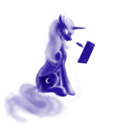 Size: 806x826 | Tagged: safe, artist:grayma1k, character:princess luna, species:alicorn, species:pony, female, magic, missing accessory, monochrome, profile, quill, simple background, sitting, solo, telekinesis, white background, writing