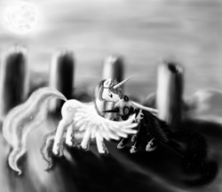 Size: 1380x1200 | Tagged: safe, artist:grayma1k, character:nightmare moon, character:princess celestia, character:princess luna, species:alicorn, species:pony, castle of the royal pony sisters, crying, duo, grayscale, hug, hurt/comfort, monochrome, moon, ruins, winghug