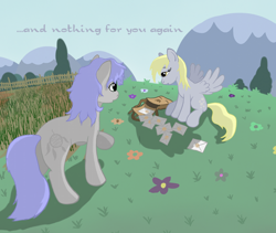 Size: 1024x866 | Tagged: safe, artist:grayma1k, character:derpy hooves, oc, oc:dreamcatcher (grayma1k), species:earth pony, species:pegasus, species:pony, duo, fence, field, mail, mailbag, outdoors