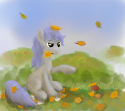 Size: 1024x913 | Tagged: safe, artist:grayma1k, oc, oc only, oc:dreamcatcher (grayma1k), species:earth pony, species:pony, autumn, autumn leaves, grass, grass field, leaf, leaves, letter, mouth hold, mushroom, sitting, solo
