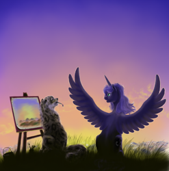 Size: 1024x1037 | Tagged: safe, artist:grayma1k, character:princess luna, oc, species:alicorn, species:pony, species:snow leopard, big cat, duo, easel, leopard, missing accessory, mouth hold, paintbrush, painting, sitting, spread wings, wings
