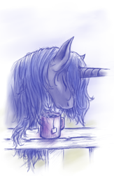 Size: 508x780 | Tagged: safe, artist:grayma1k, character:princess luna, species:alicorn, species:pony, eyes closed, female, food, messy mane, morning ponies, mug, sleepy, solo, tea, teabag