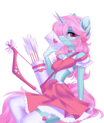 Size: 1784x2097 | Tagged: safe, artist:shenki, oc, oc only, oc:scoops, species:anthro, species:pony, species:unicorn, anthro oc, arrow, bow, bow (weapon), bow and arrow, clothing, cute, envelope, female, fishnets, freckles, garter belt, heart, holiday, mare, markings, quiver, simple background, sitting, skirt, solo, stockings, thigh highs, transparent background, valentine's day, valentine's day card, weapon
