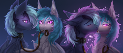 Size: 4560x1996 | Tagged: safe, artist:magicbalance, oc, oc only, oc:helium star, oc:midnight dagger, species:bat pony, species:pony, bat pony oc, blushing, bust, chest fluff, collar, cute, cute little fangs, duo, eyes closed, fangs, female, floating heart, floppy ears, heart, hypnosis, kissing, leash, male, mare, signature, slit eyes, stallion