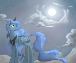 Size: 2100x1750 | Tagged: safe, artist:stupidyou3, character:princess luna, cloud, cloudy, female, looking back, moon, night, shooting star, solo