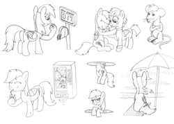 Size: 1120x800 | Tagged: safe, artist:m.w., character:rainbow dash, character:windy whistles, species:pegasus, species:pony, newbie artist training grounds, atg 2017, beach, beach umbrella, cute, drinking, drinking straw, eyes closed, female, hoof hold, juice, juice box, mare, monochrome, mouse, mousified, ocean, portal, rainbow mouse, simple background, species swap, vending machine, white background