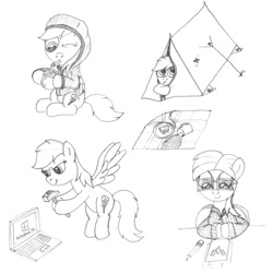 Size: 1100x1100 | Tagged: safe, artist:m.w., character:rainbow dash, species:pegasus, species:pony, newbie artist training grounds, atg 2017, clothing, computer, cute, drinking, drinking straw, female, hammer, hoodie, laptop computer, mare, monochrome, one eye closed, simple background, sitting, tent, white background