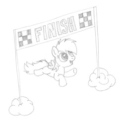 Size: 800x800 | Tagged: safe, artist:m.w., character:rainbow dash, species:pegasus, species:pony, newbie artist training grounds, atg 2017, banner, cloud, cute, female, filly, finish line, flying, monochrome, simple background, smiling, solo, white background