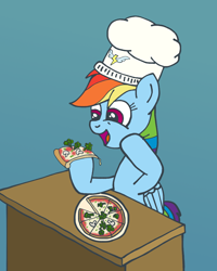 Size: 800x1000 | Tagged: safe, artist:m.w., character:rainbow dash, species:pegasus, species:pony, broccoli, chef's hat, clothing, cute, female, food, hat, hoof hold, mare, mushroom, pizza, smiling, solo, that pony sure does love pizza