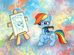 Size: 1200x900 | Tagged: safe, artist:m.w., character:rainbow dash, species:pegasus, species:pony, abstract background, cute, female, mare, mouth hold, paintbrush, painting, self portrait, self-potrait, solo