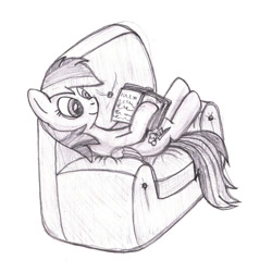 Size: 1000x1000 | Tagged: safe, artist:m.w., character:rainbow dash, species:pegasus, species:pony, armchair, book, cute, female, lying down, mare, monochrome, non-euclidean, on back, reading, simple background, solo, white background