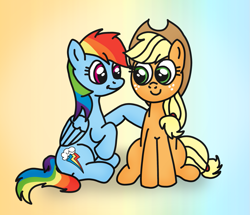 Size: 1195x1030 | Tagged: safe, artist:m.w., character:applejack, character:rainbow dash, species:earth pony, species:pegasus, species:pony, applejack's hat, clothing, cowboy hat, cute, female, freckles, hat, mare, sitting