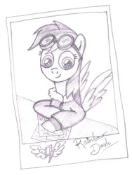 Size: 750x1000 | Tagged: safe, artist:m.w., character:rainbow dash, species:pegasus, species:pony, autograph, aviator goggles, clothing, cute, female, goggles, jacket, mare, monochrome, smiling, solo, wonderbolts logo
