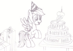 Size: 1150x800 | Tagged: safe, artist:m.w., character:rainbow dash, species:pegasus, species:pony, birthday, birthday cake, cake, clothing, cute, female, food, happy birthday, hat, mare, monochrome, party hat, present, rainbow dash day, rainbow dash's birthday, solo