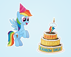 Size: 1000x800 | Tagged: safe, alternate version, artist:m.w., character:rainbow dash, species:pegasus, species:pony, birthday, birthday cake, cake, clothing, cute, female, food, happy birthday, hat, mare, party hat, rainbow dash day, rainbow dash's birthday, simple background, smiling, solo