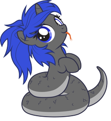 Size: 2377x2610 | Tagged: safe, artist:lightning stripe, derpibooru original, oc, oc:dream², species:lamia, species:pony, species:unicorn, blep, blue eyes, blue mane, coils, commission, cute, female, filly, foal, forked tongue, gray coat, horn, messy mane, mute, ocbetes, original species, show accurate, simple background, snake pony, tongue out, transparent background, vector