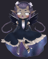 Size: 1350x1656 | Tagged: safe, artist:sinamuna, oc, oc only, species:human, anklet, armor, art trade, blushing, braid, chestplate, chibi, choker, clothing, crescent moon, dark skin, dress, elf ears, eyebrows, eyeshadow, female, flower, galaxy, gloves, headband, horns, humanized, humanized oc, humanoid, jewelry, long hair, makeup, moon, oni, open mouth, personification, pony to human, purple background, purple hair, short hair, silver eyes, simple background, skirt, skirt lift, solo, space, stars, white eyes, winged humanization, wings