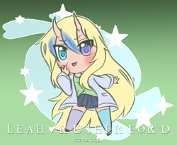 Size: 1466x1200 | Tagged: safe, alternate version, artist:sinamuna, oc, oc only, oc:leah rutherford, oc:lemon pop, species:human, au:equuis, blonde hair, blue eyes, blue hair, clothing, coat, cute, female, heterochromia, horns, human to pony, humanized, jacket, long hair, miniskirt, oni, personification, pleated skirt, purple eyes, shoes, skirt, socks, solo, sticking tongue out, taunting, thigh highs, tongue out, zettai ryouiki