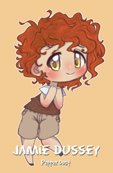 Size: 748x1145 | Tagged: safe, artist:sinamuna, oc, oc only, oc:jamie dussey, oc:pepper dust, species:human, au:equuis, blushing, chibi, clothing, curly hair, humanized, male, messy hair, orange hair, personification, purple eyes, red hair, redhead, schoolboy, shorts, shy, smiling, sweater vest, trap, yellow eyes