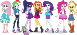 Size: 6125x2799 | Tagged: safe, artist:twilirity, character:applejack, character:fluttershy, character:pinkie pie, character:rainbow dash, character:rarity, character:spike, character:spike (dog), character:sunset shimmer, character:twilight sparkle, character:twilight sparkle (scitwi), species:dog, species:eqg human, g4, my little pony: equestria girls, my little pony:equestria girls, absurd resolution, applejack's hat, bow tie, bracelet, clothing, converse, cowboy hat, dress, eqg promo pose set, female, freckles, geode of empathy, geode of fauna, geode of shielding, geode of sugar bombs, geode of super speed, geode of super strength, geode of telekinesis, glasses, group, hairclip, hairpin, hat, high heels, humane five, humane seven, humane six, jacket, jewelry, leather vest, legs, looking at you, magical geodes, male, multicolored hair, pants, pantyhose, pencil skirt, ponytail, pose, sandals, shoes, simple background, skirt, sleeveless, smiling, sneakers, socks, spike's dog collar, stetson, transparent background, vector, wristband