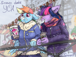 Size: 2000x1500 | Tagged: safe, artist:flysouldragon, character:pinkie pie, character:rainbow dash, character:twilight sparkle, species:anthro, species:pegasus, species:pony, ship:twidash, :<, clothing, coffee, commission, feather, female, floppy ears, food, jacket, lesbian, one eye closed, scarf, shipping, sketch, snow, snowfall, whipped cream, wings, wink, winter, your character here