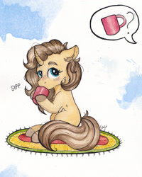Size: 2806x3508 | Tagged: safe, artist:lightisanasshole, oc, oc only, species:pony, species:unicorn, abstract background, blue eyes, brown mane, carpet, chest fluff, colored hooves, cup, curly hair, curly mane, drink, drinking, ear fluff, female, holding, leg fluff, looking back, mug, question, raised eyebrow, solo, text bubbles, thick eyebrows, traditional art, yellow coat