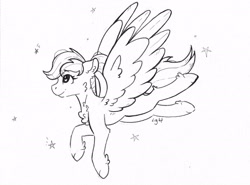 Size: 2715x2010 | Tagged: safe, artist:lightisanasshole, oc, oc only, species:pegasus, species:pony, artin' for good, chest fluff, colored hooves, ear fluff, female, flying, hoof fluff, lineart, looking up, monochrome, pegasus oc, ponytail, raised hoof, solo, stars, wings