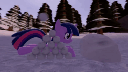 Size: 1280x720 | Tagged: safe, artist:mrm, character:pinkie pie, character:twilight sparkle, character:twilight sparkle (alicorn), species:alicorn, species:earth pony, species:pony, 3d, animated, female, levitation, magic, no sound, revamped ponies, scared, snow, snowball, snowball fight, source filmmaker, telekinesis, unconscious, webm