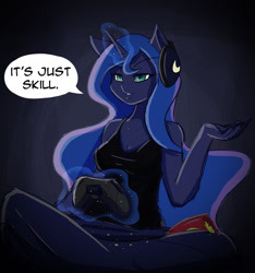Size: 1006x1077 | Tagged: safe, artist:ikarooz, character:princess luna, species:alicorn, species:anthro, species:pony, gamer luna, breasts, cleavage, clothing, digital art, female, headphones, solo, video game