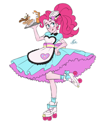 Size: 1175x1325 | Tagged: safe, artist:polymercorgi, character:pinkie pie, episode:coinky-dink world, eqg summertime shorts, g4, my little pony: equestria girls, my little pony:equestria girls, clothing, cute, diapinkes, dress, female, hand on hip, paraskirt, server pinkie pie, simple background, solo, tongue out, white background