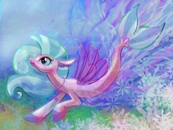 Size: 1280x960 | Tagged: safe, artist:catscratchpaper, character:silverstream, species:seapony (g4), coral, female, fins, fish tail, flowing mane, jewelry, necklace, seapony silverstream, seashell necklace, smiling, solo, swimming, underwater, water, wings