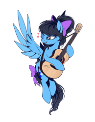 Size: 1000x1286 | Tagged: safe, artist:hexfloog, oc, oc only, oc:strumbeat strings, species:pegasus, species:pony, bow, guitar, heart, heart eyes, musical instrument, simple background, solo, tail bow, transparent background, wingding eyes
