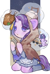 Size: 692x1024 | Tagged: safe, artist:kura, character:starlight glimmer, character:twilight sparkle, species:bird, species:pony, species:unicorn, bed, clothing, corn, cosplay, costume, crossover, dress, female, food, hood, matchstick, plushie, solo, the little match girl, turkey
