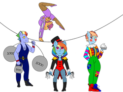 Size: 2048x1536 | Tagged: safe, artist:mintymelody, character:bow hothoof, character:rainbow dash, character:scootaloo, character:windy whistles, species:anthro, species:pegasus, species:pony, acrobatics, circus, clown, family, ring master, strong man