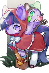 Size: 692x1024 | Tagged: safe, artist:kura, character:spike, character:twilight sparkle, character:twilight sparkle (alicorn), species:alicorn, species:dragon, species:pony, animal costume, apple, baguette, basket, bread, clothing, cosplay, costume, crossover, cute, duo, female, food, little red riding hood, male, mare, no pupils, open mouth, spikabetes, twiabetes, wolf costume