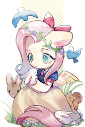 Size: 692x1024 | Tagged: safe, artist:kura, character:fluttershy, species:bird, species:pegasus, species:pony, species:rabbit, animal, bow, clothing, crossover, cute, dress, fawn, female, floppy ears, floral head wreath, flower, hair bow, looking at something, mare, no pupils, princess, shyabetes, sitting, snow white, solo, spread wings, squirrel, three quarter view, wings