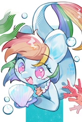 Size: 692x1024 | Tagged: safe, artist:kura, character:rainbow dash, species:pony, bubble, coral, cute, dashabetes, female, jewelry, merpony, necklace, no pupils, open mouth, pearl necklace, seashell, seashell necklace, seaweed, solo, the little mermaid, underwater