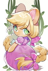 Size: 692x1024 | Tagged: safe, artist:kura, character:applejack, species:earth pony, species:pony, beautiful, blonde, bow, braid, clothing, cosplay, costume, crossover, cute, dress, female, hair bow, hatless, jackabetes, long mane, looking at you, mare, missing accessory, no pupils, princess, rapunzel, solo, vine