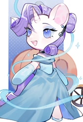 Size: 692x1024 | Tagged: safe, artist:kura, character:rarity, species:pony, species:unicorn, alternate hairstyle, bipedal, carriage, cinderella, clothing, cosplay, costume, crossover, cute, dress, ear piercing, female, gloves, long gloves, mare, no pupils, open mouth, piercing, princess, pumpkin, raribetes, solo
